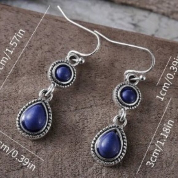 Retro Teardrop & Round Blue Synthetic Gems Dangle Earrings Zinc Alloy / Iron - Picture 3 of 4
